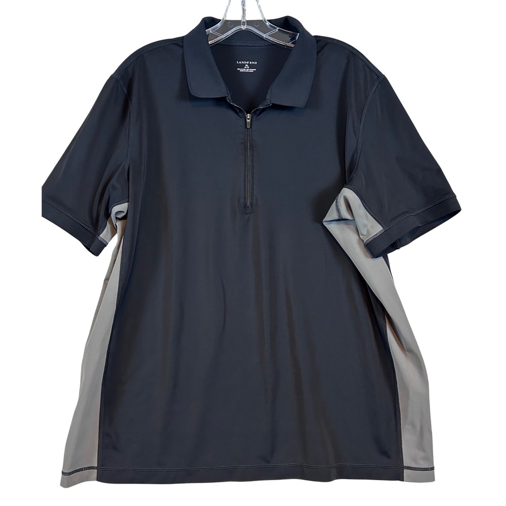 Lands End Mens XL Black Grey Quarter Zip Short Sleeve Polo Gorpcore Summer‎ Prep